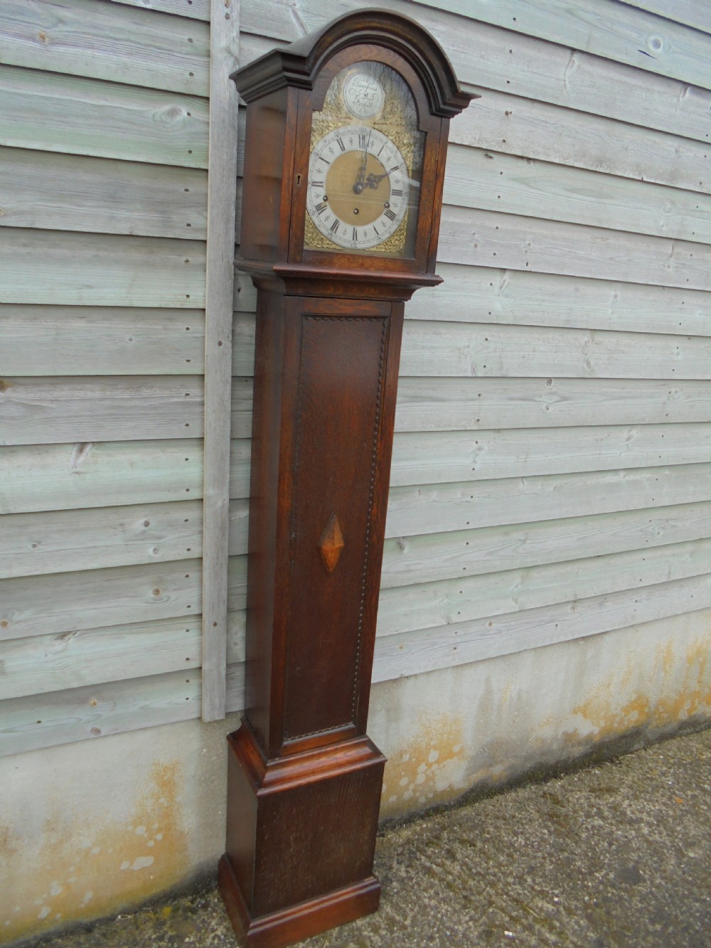 Oak Grandmother chiming long case clock View VI
