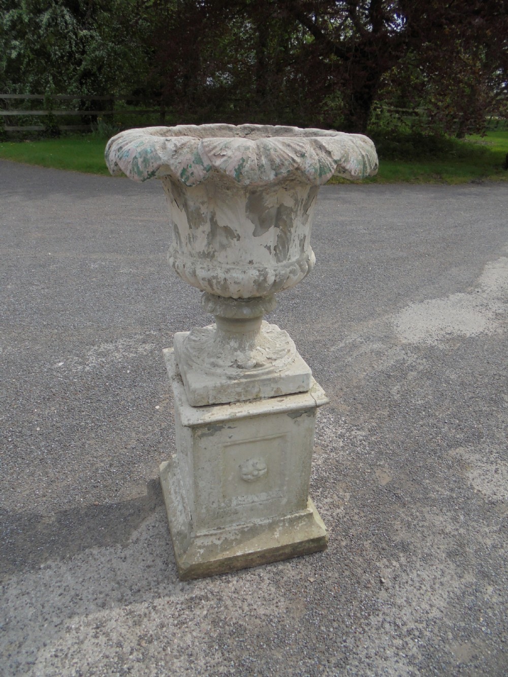 Large 19th century stone garden urn on stand.  View III