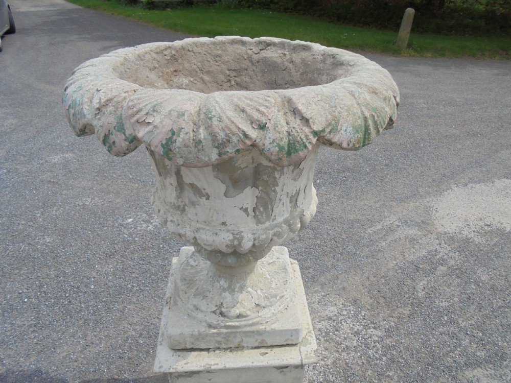 Large 19th century stone garden urn on stand.  View IV