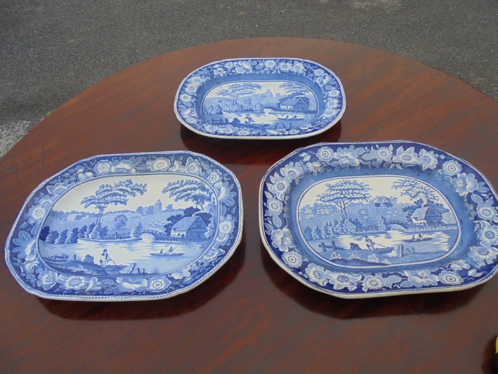 Set three blue and white platters