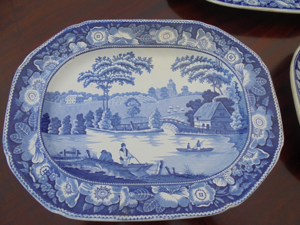Set three blue and white platters View III
