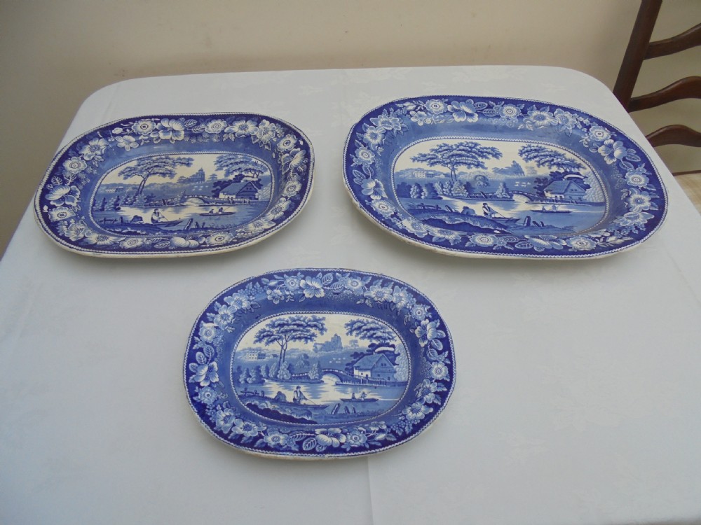 Set of three blue and white ' Wild Rose 'platters