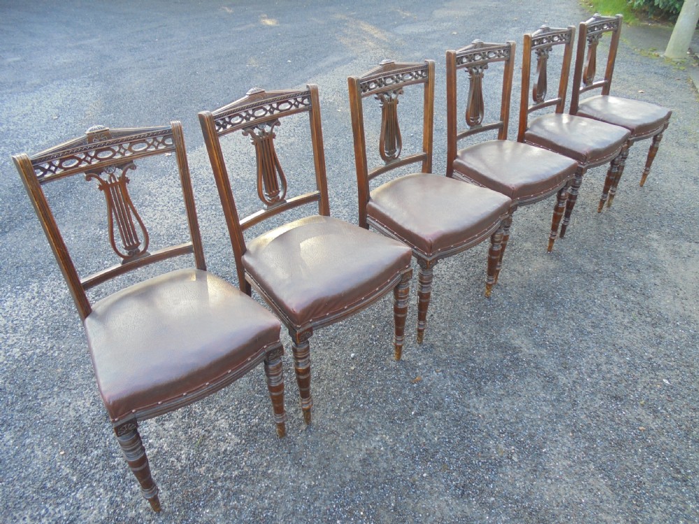 Set Six Walnut Lyre Back Dining Chairs View II