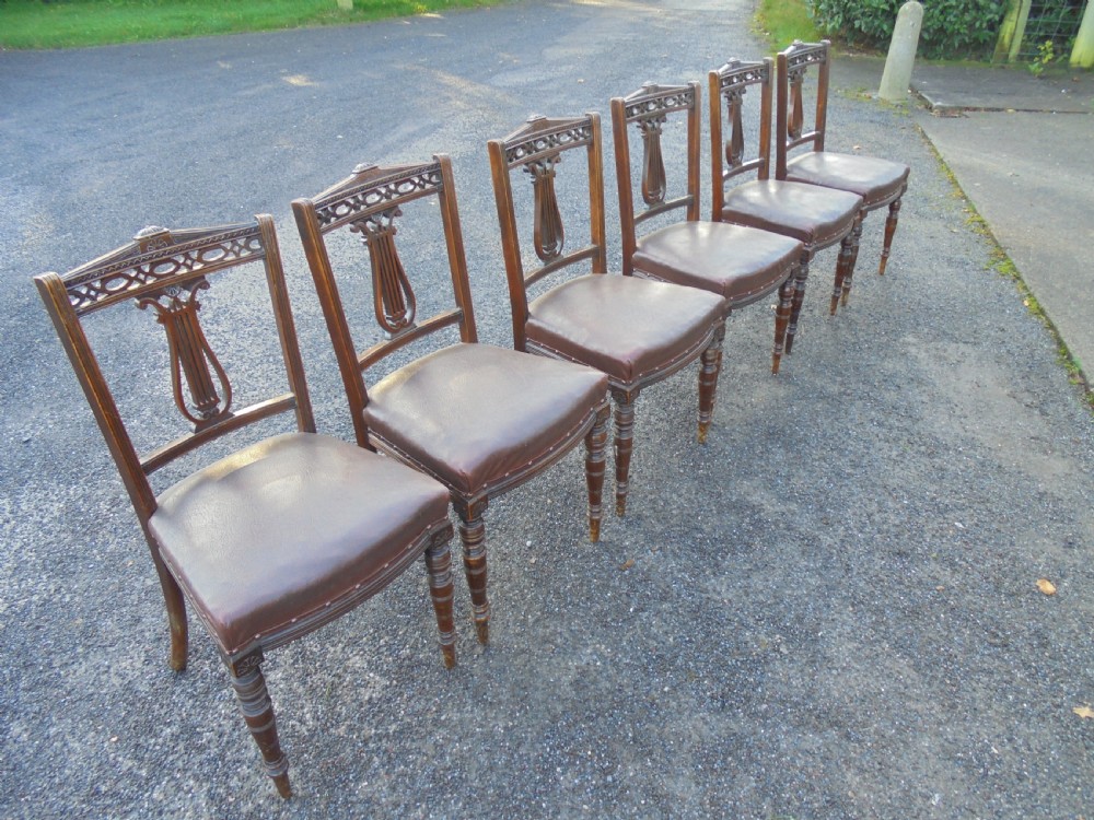 Set Six Walnut Lyre Back Dining Chairs View IV