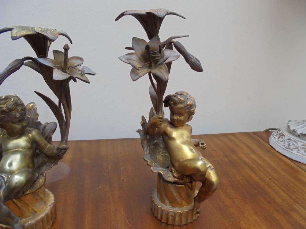 Pair of 19th century gilded cherub lamps View II