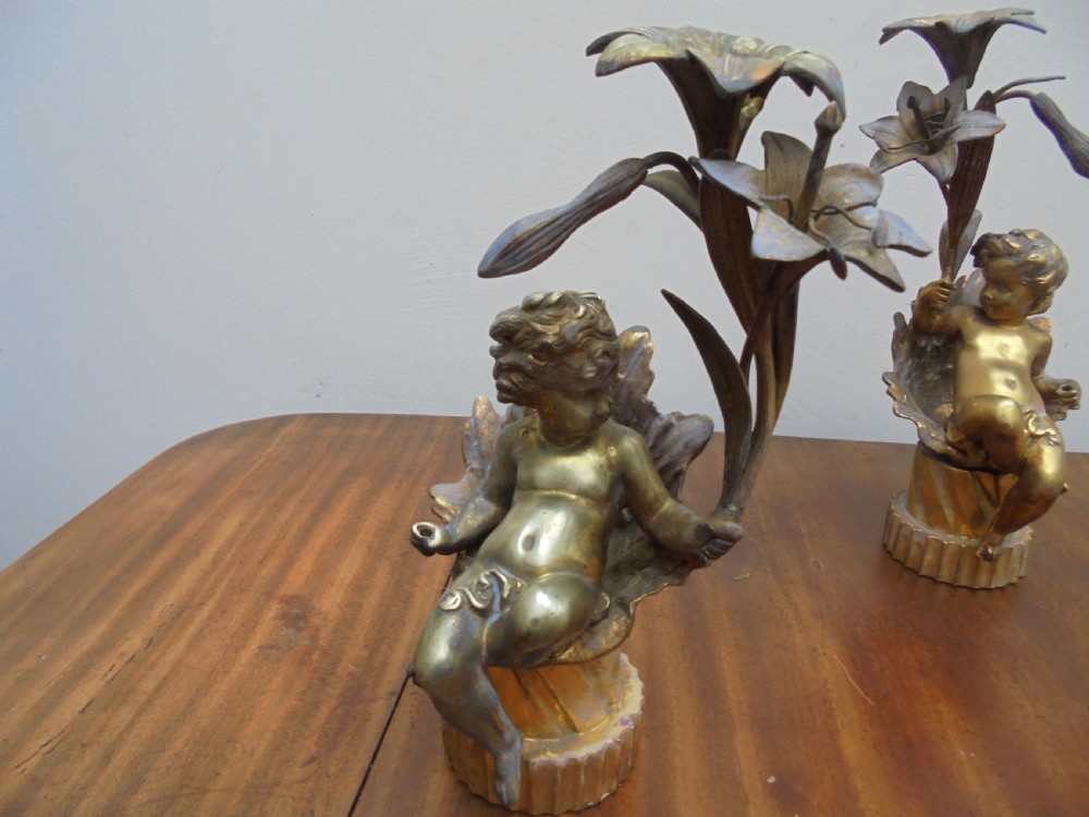 Pair of 19th century gilded cherub lamps View III