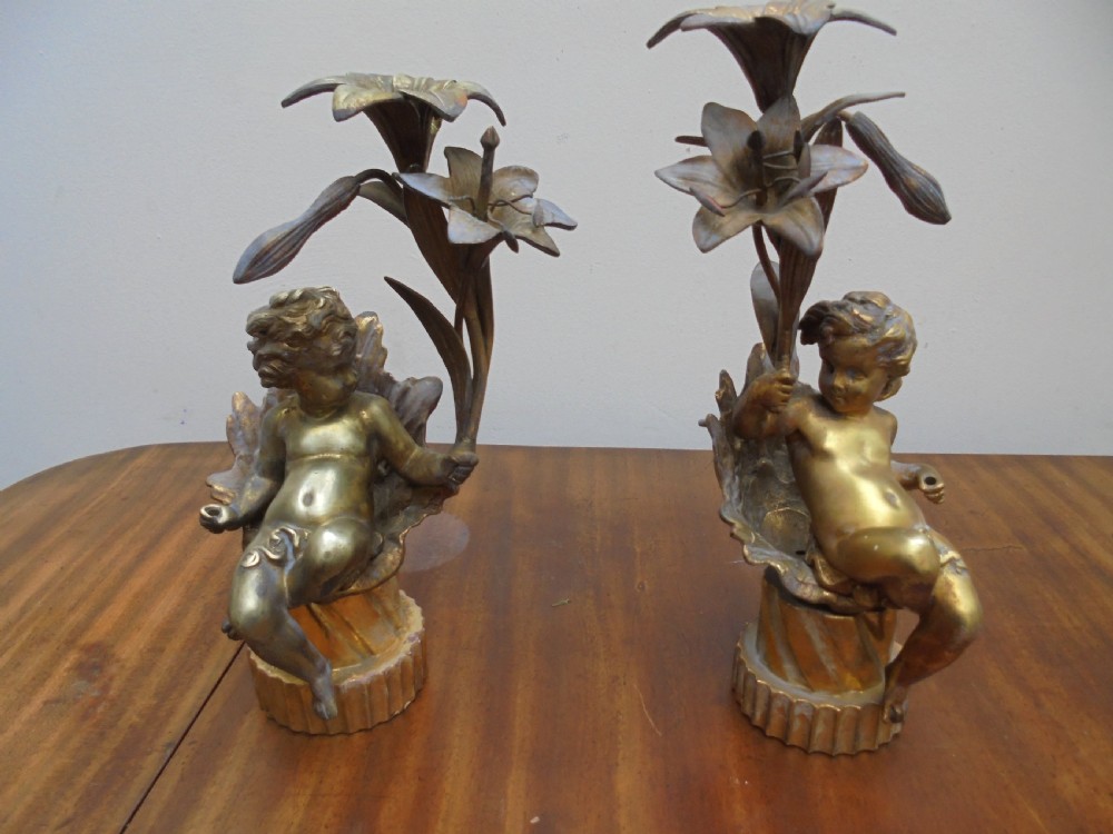Pair of 19th century gilded cherub lamps View V