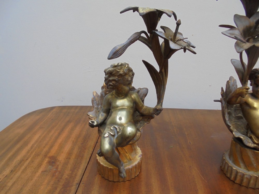 Pair of 19th century gilded cherub lamps View VI