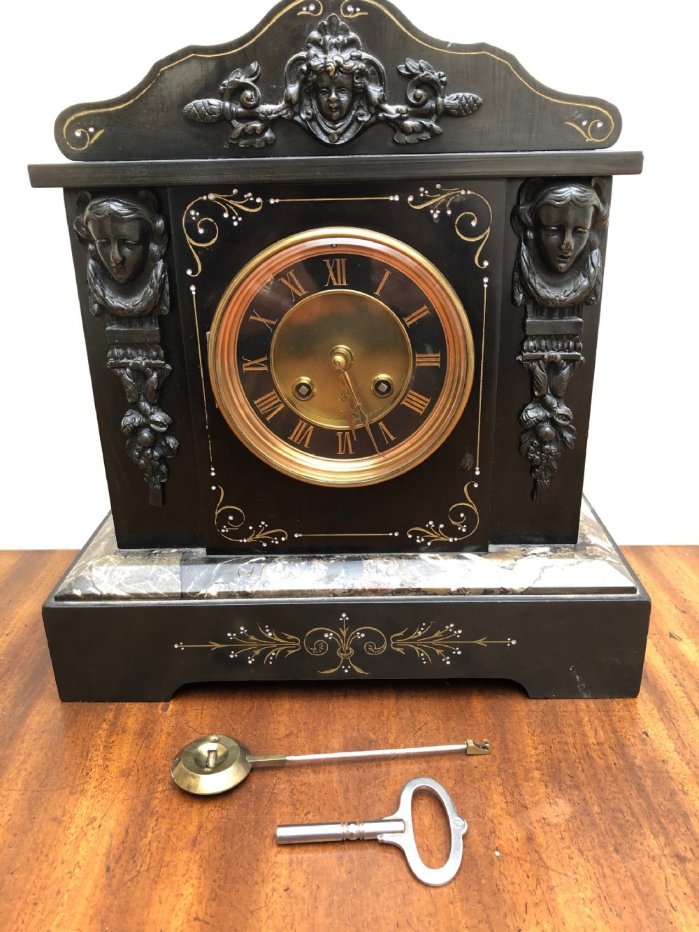 Victorian slate mantle clock  with applied marble and bronze mounts
