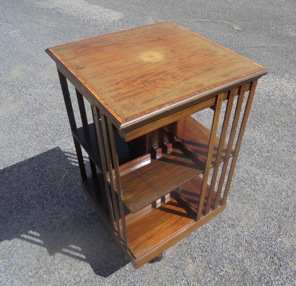 Edwardian mahogany inlaid revolving bookcase View V
