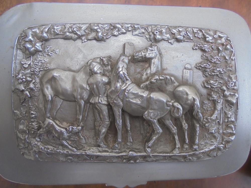 Silver plated tea caddy depicting horses and riders View II