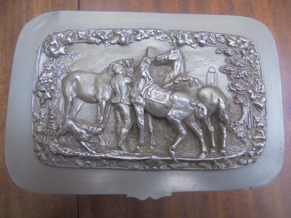 Silver plated tea caddy depicting horses and riders View III