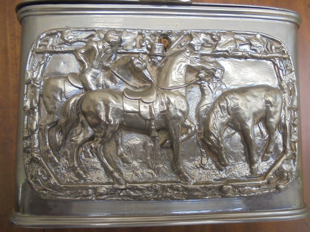 Silver plated tea caddy depicting horses and riders View IV