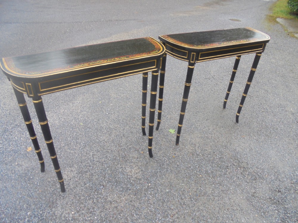 Pair of decorated faux bamboo console tables