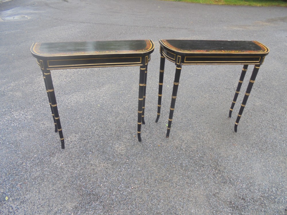 Pair of decorated faux bamboo console tables View II