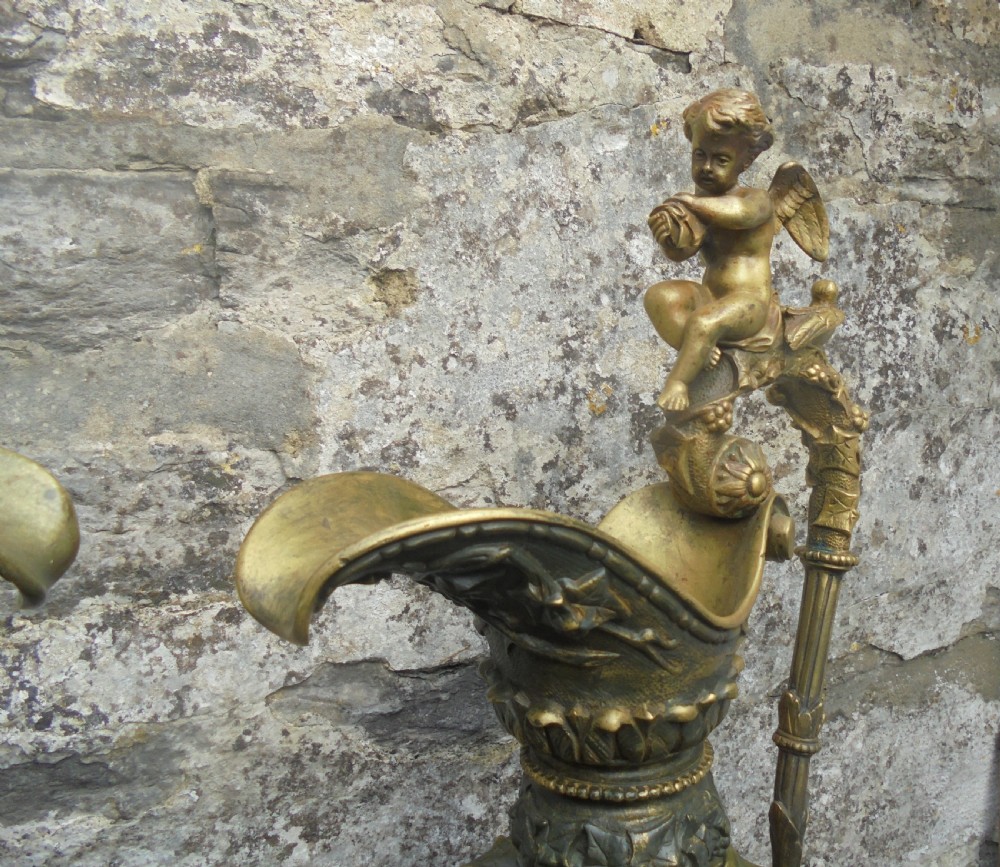 Large pair 19th century bronze ewers with cherubs View II