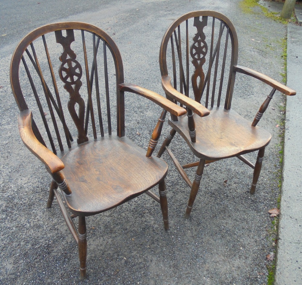 Pair of ash and elm wheelback armchairs View II