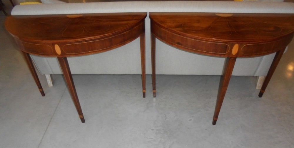 Pair 18th century sun burst demi lune console tables