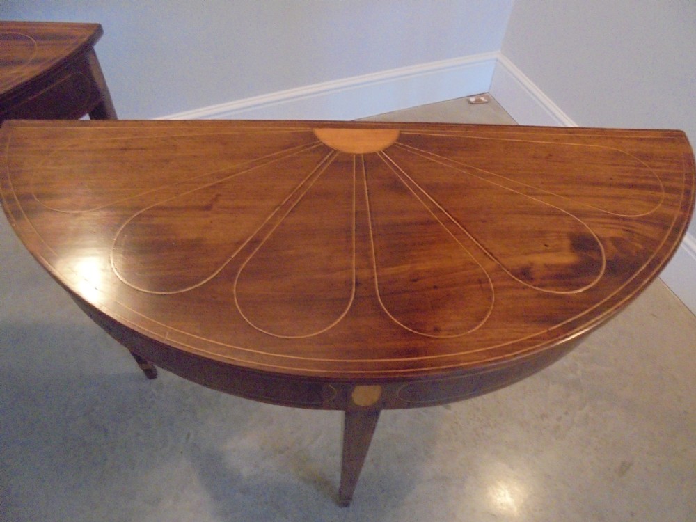 Pair 18th century sun burst demi lune console tables View II