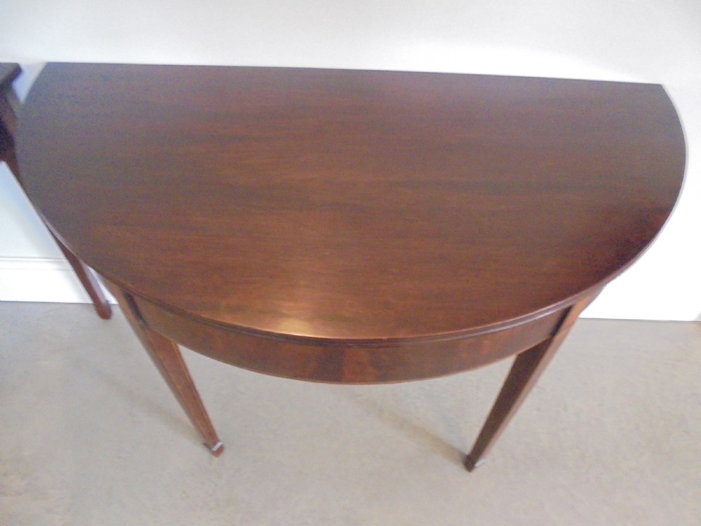 Fine pair of 18th century mahogany demi lune console tables View III