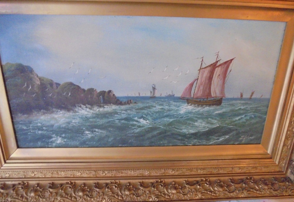 Pair gilded frame Maritime oil paintings by F Johans View II