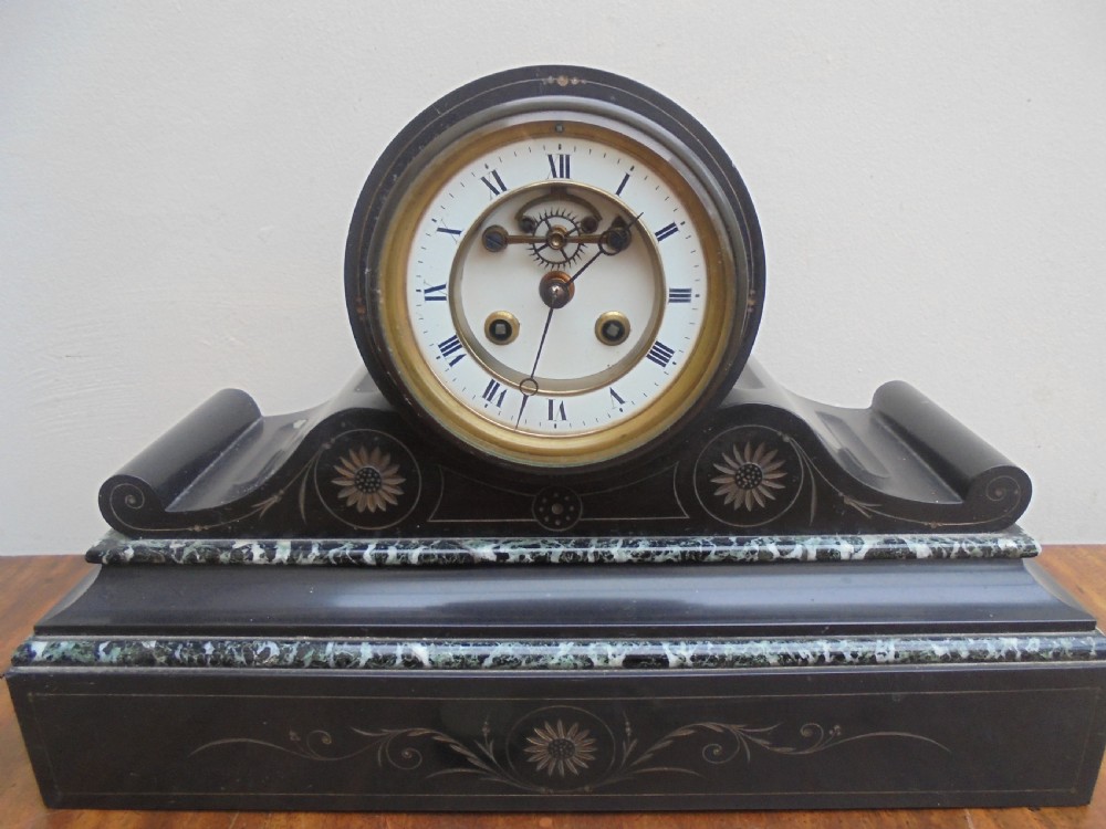 Antique  drum head slate and marble mantle clock