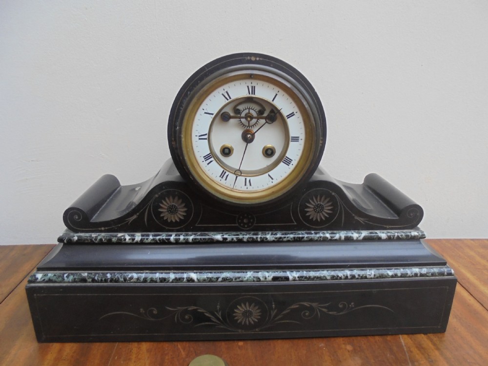 Antique  drum head slate and marble mantle clock View III
