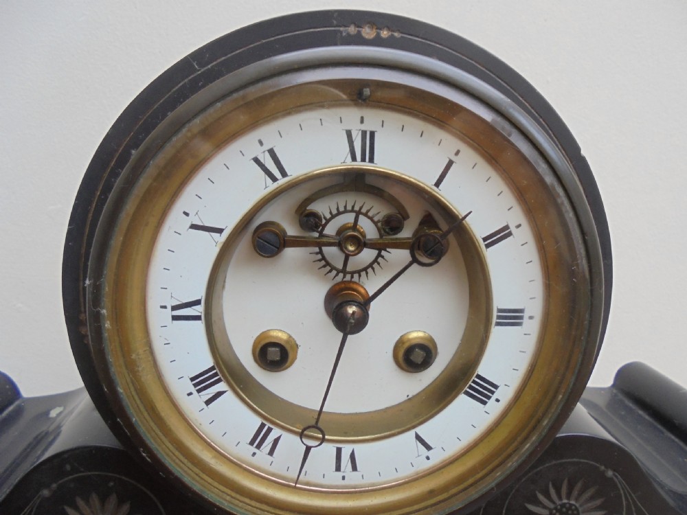 Antique  drum head slate and marble mantle clock View V