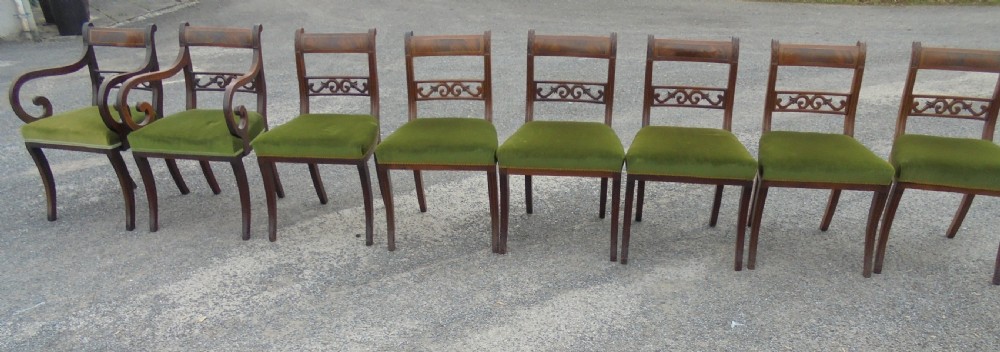 Set of eight Regency brass inlaid dining chairs