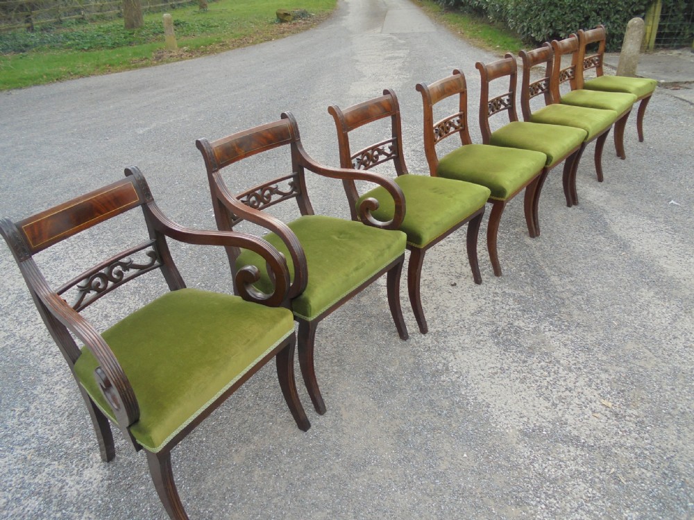 Set of eight Regency brass inlaid dining chairs View II