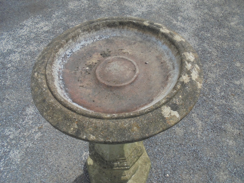 Well shaped and weathered composite stone birdbath View II