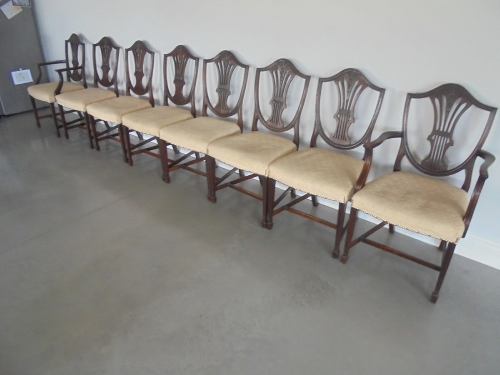 A set of eight dark mahogany dining chairs featuring carved shield backs, tapered square legs, and cream upholstered seats, including two armchairs and six side chairs. View IV
