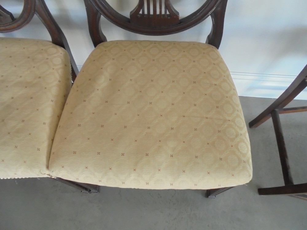 A set of eight dark mahogany dining chairs featuring carved shield backs, tapered square legs, and cream upholstered seats, including two armchairs and six side chairs. View VIII
