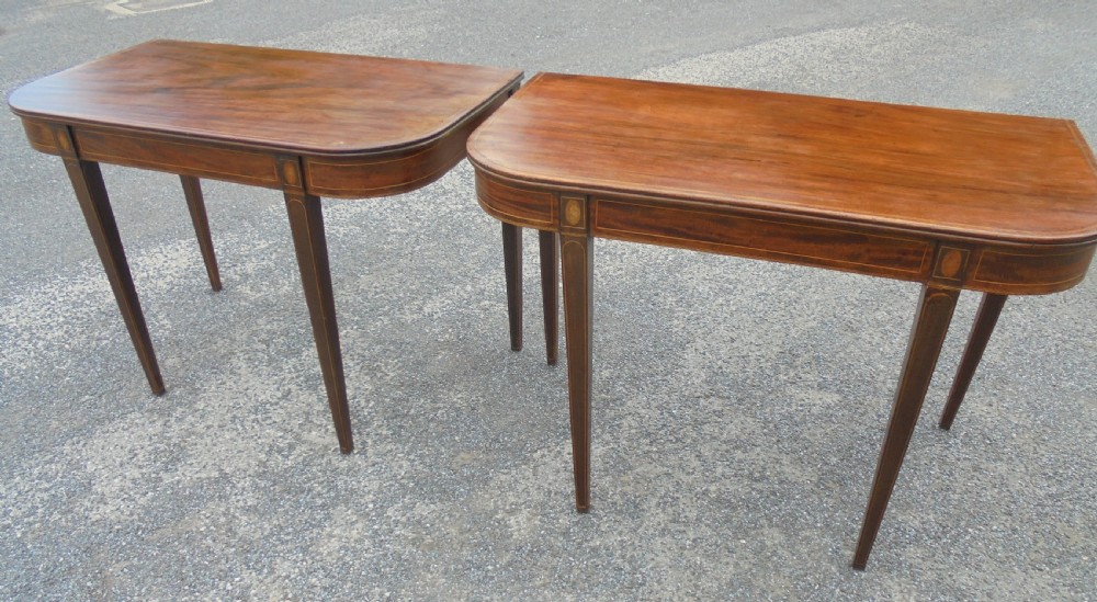 Pair 18th century inlaid demi lune console tables