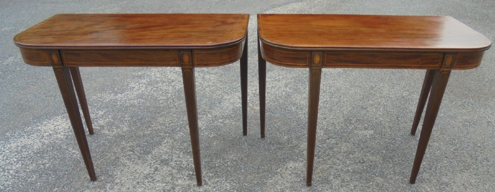 Pair 18th century inlaid demi lune console tables View III