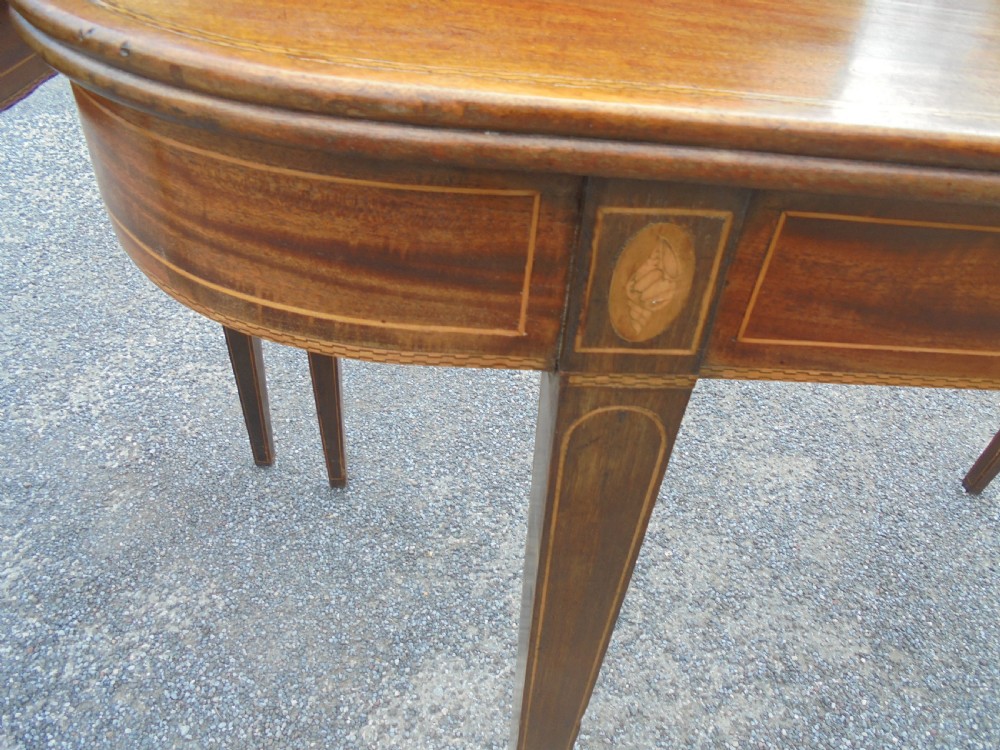 Pair 18th century inlaid demi lune console tables View IV