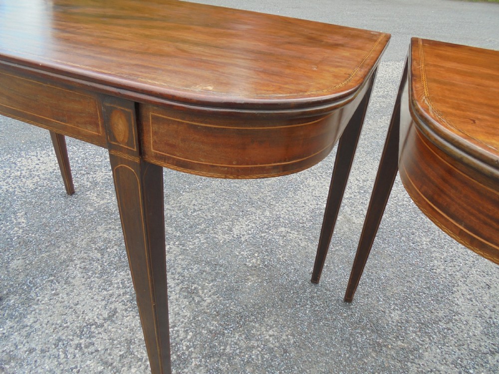 Pair 18th century inlaid demi lune console tables View V