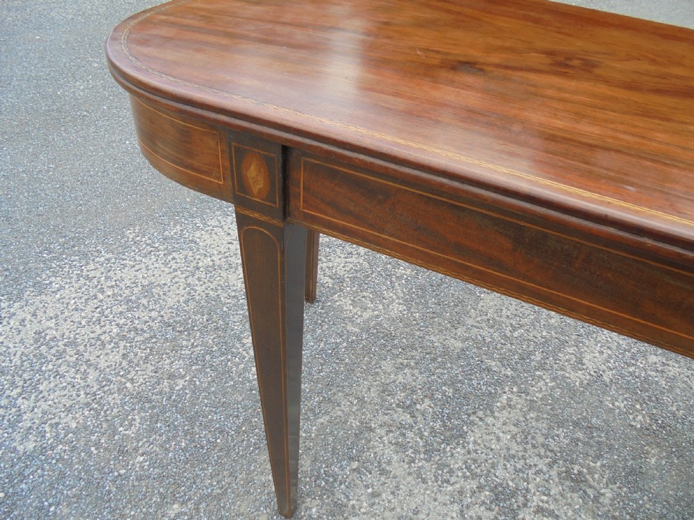 Pair 18th century inlaid demi lune console tables View VI