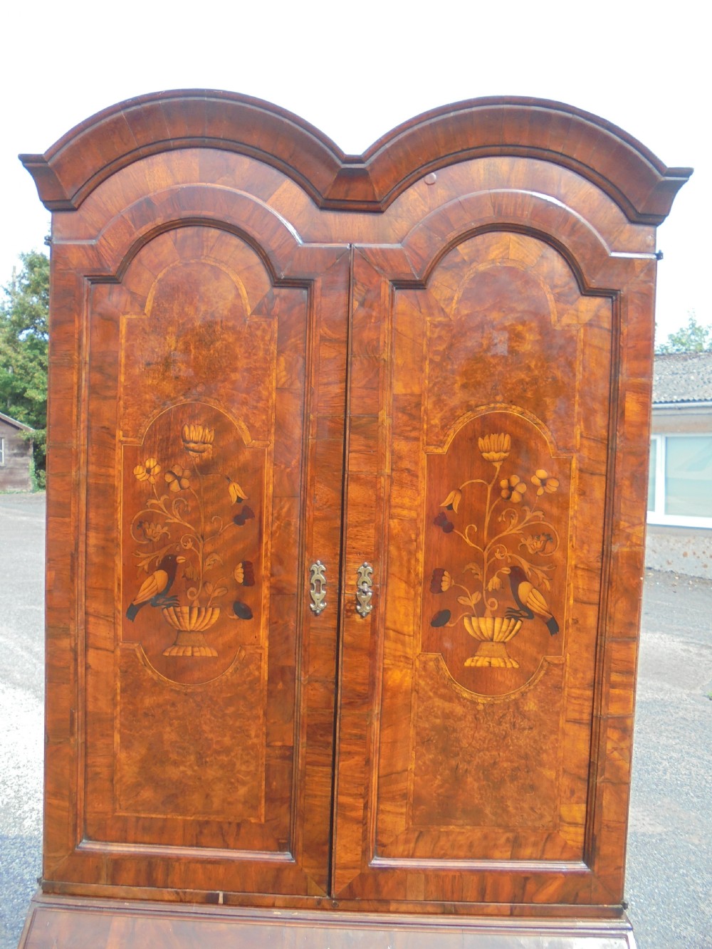 Queen Anne style walnut bureau bookcase marquetry panels View III