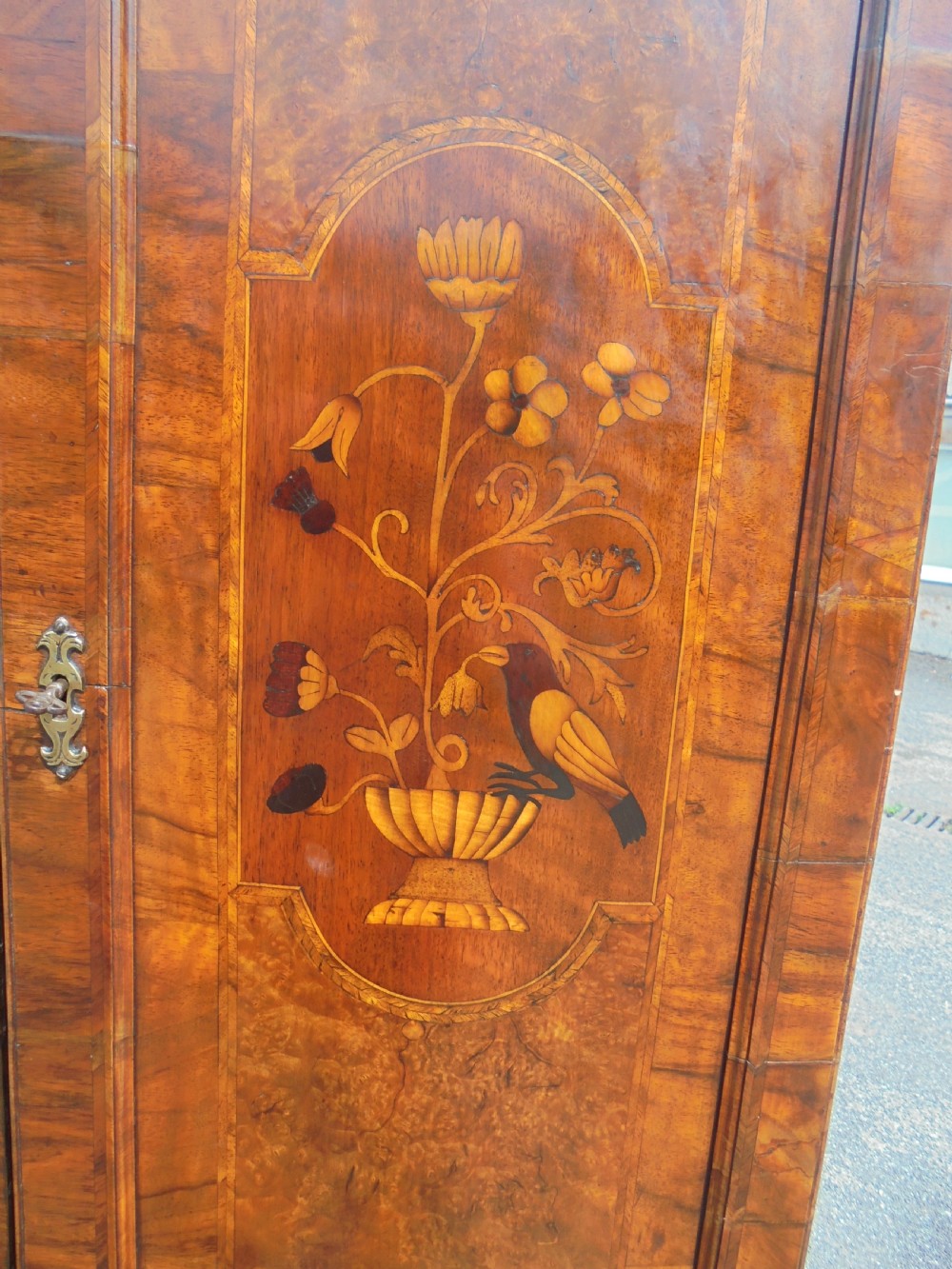 Queen Anne style walnut bureau bookcase marquetry panels View IV
