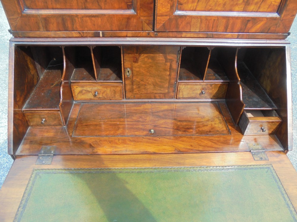 Queen Anne style walnut bureau bookcase marquetry panels View V