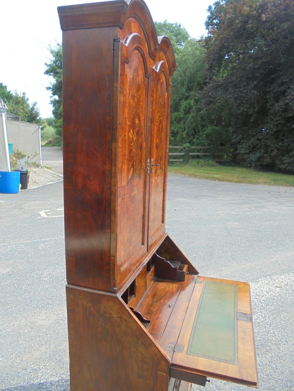 Queen Anne style walnut bureau bookcase marquetry panels View VII