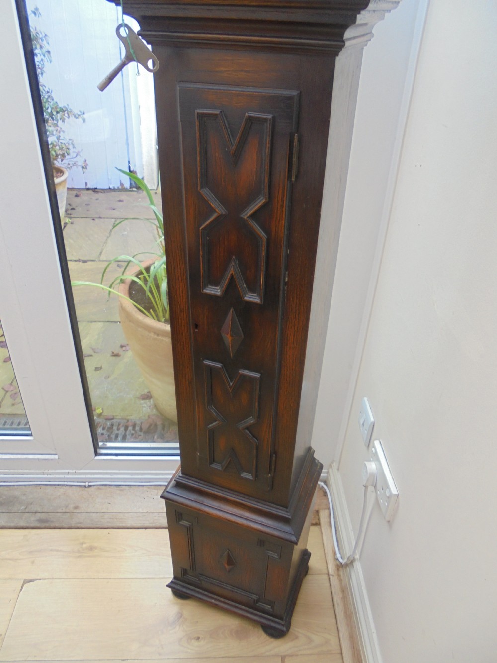 Jacobean style oak Grandmother clock View X