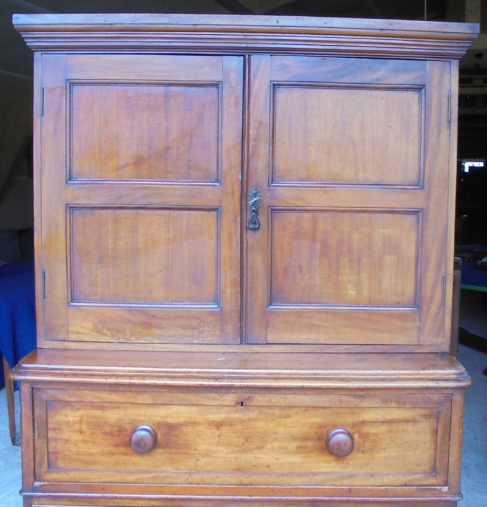 A Victorian mahogany post masters desk featuring a two-door upper cabinet above a central wide drawer and twin pedestal drawers with metal cup handles. View V