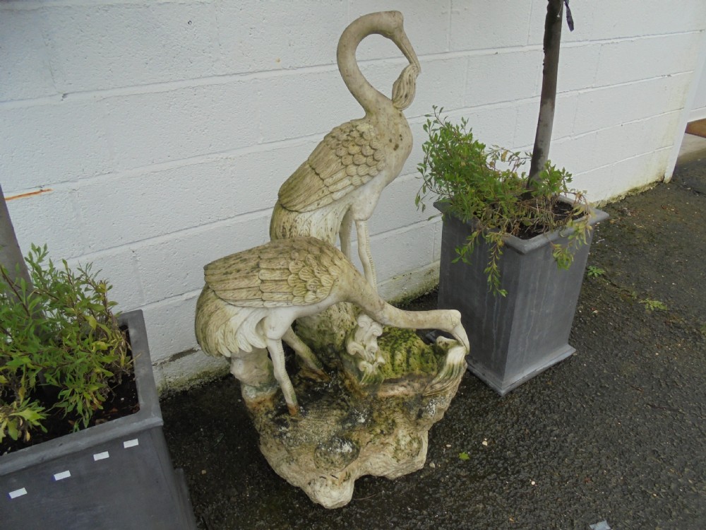 Weathered Carved marble statue of two cranes feeding  View VI
