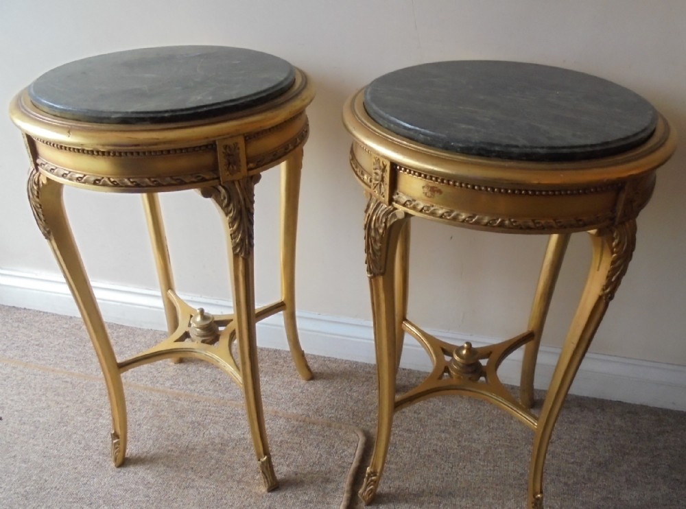 Pair of gilded marble top lamp tables , bedside tables