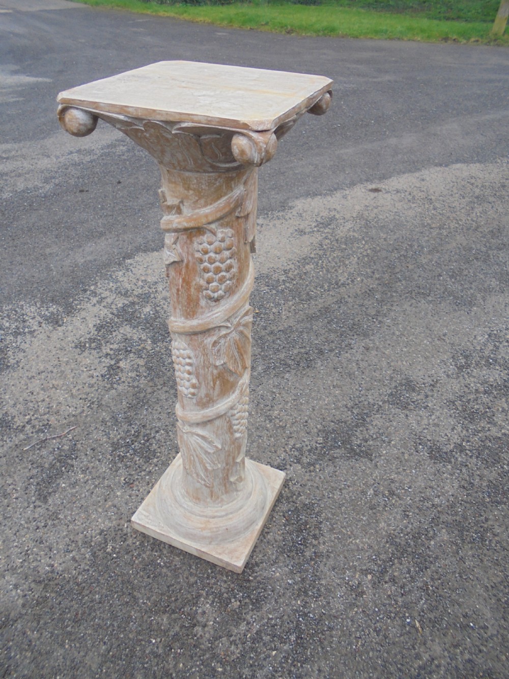 Limed carved wood column stand with vines grapes etc View II