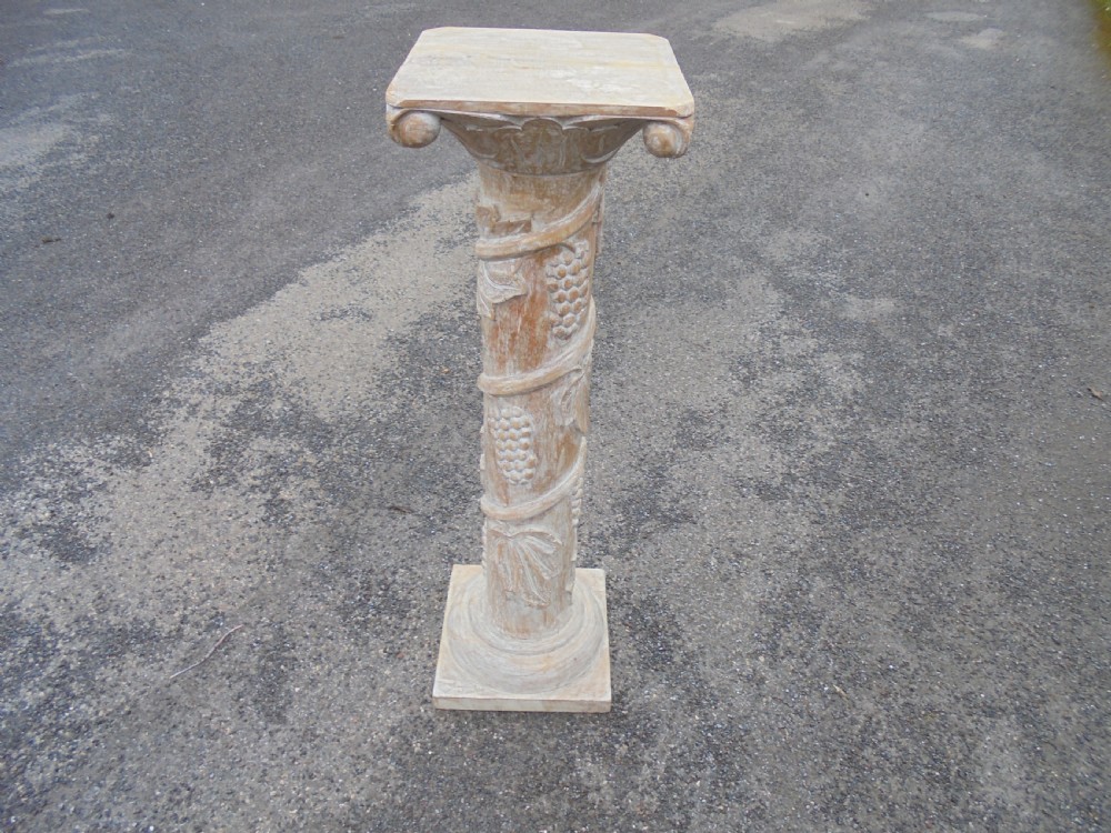 Limed carved wood column stand with vines grapes etc View IV