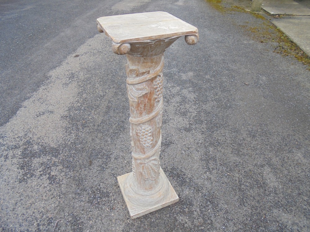 Limed carved wood column stand with vines grapes etc View V