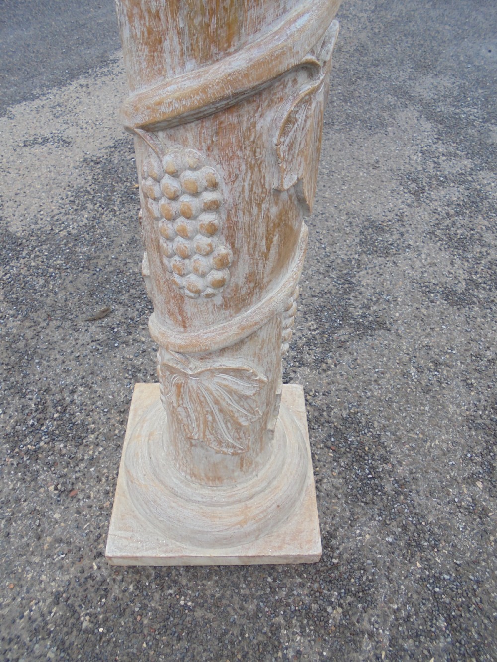 Limed carved wood column stand with vines grapes etc View VII